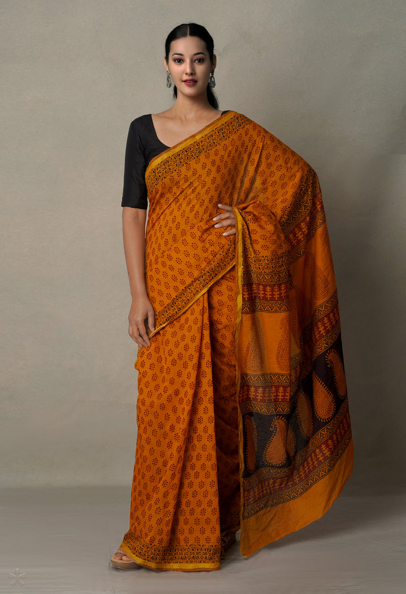 Sepia  Art Chanderi Bagh Printed Cotton Saree-UNM65328