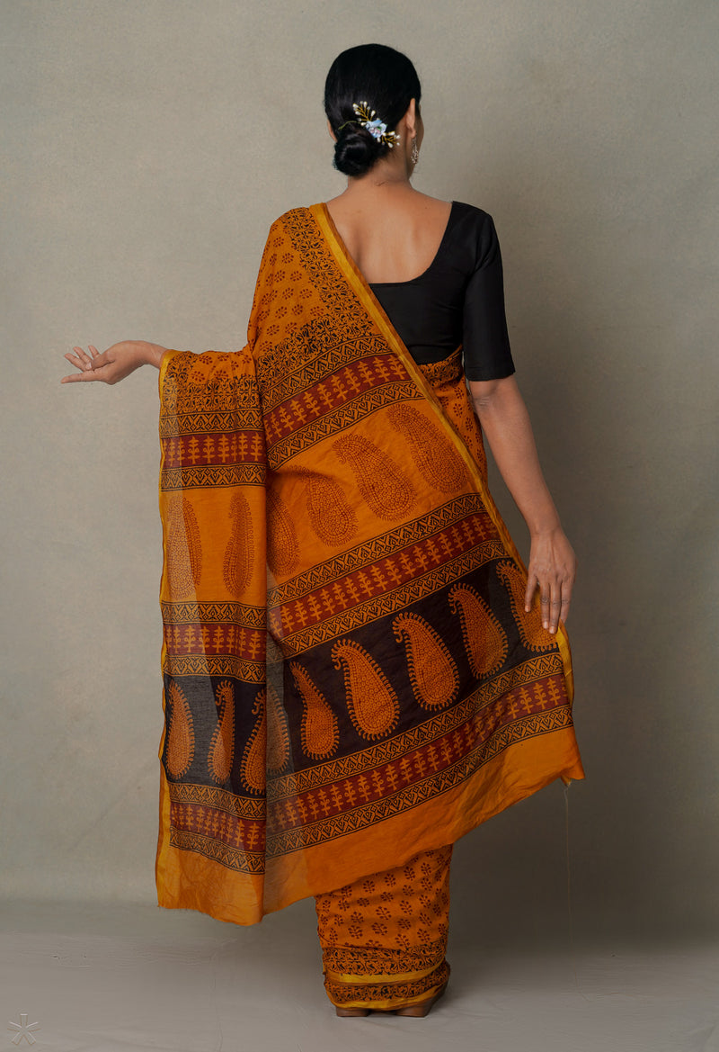 Sepia  Art Chanderi Bagh Printed Cotton Saree-UNM65328