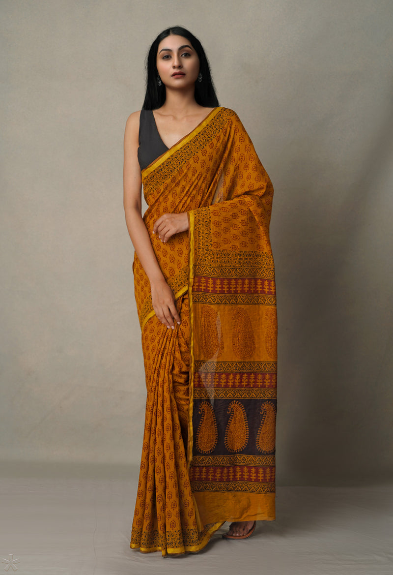 Sepia  Art Chanderi Bagh Printed Cotton Saree-UNM65335