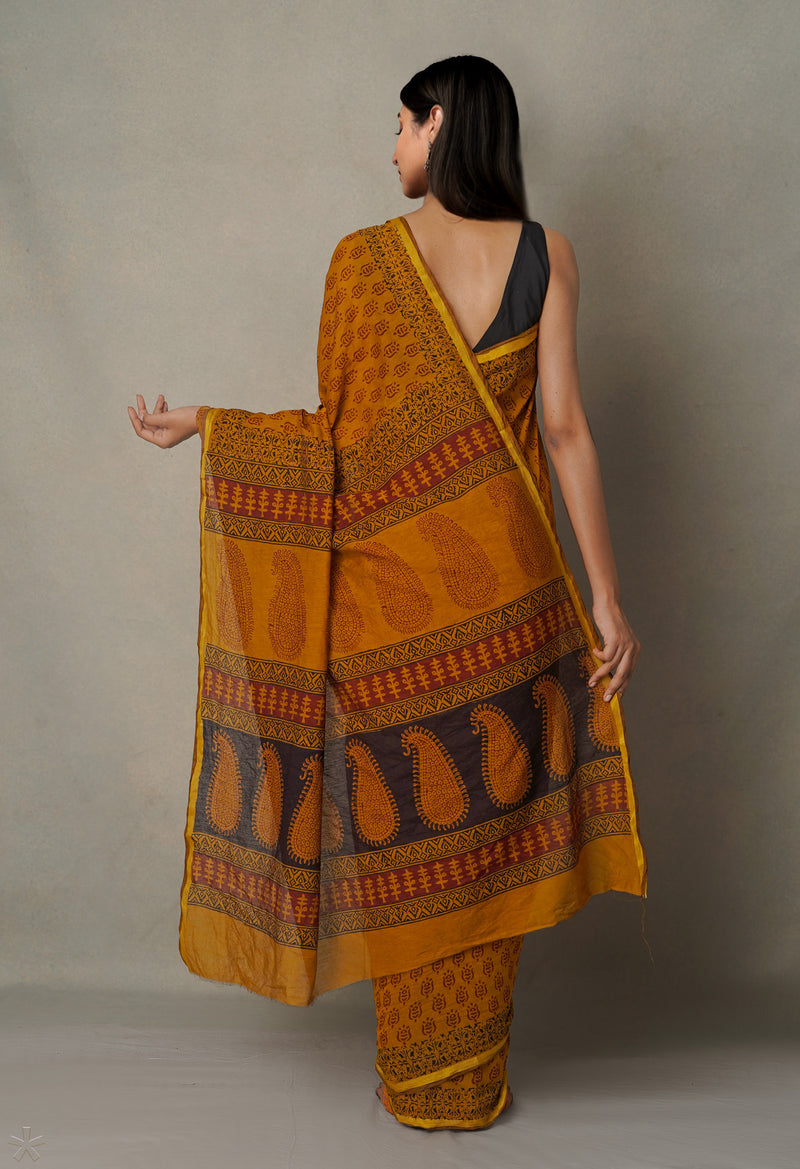 Sepia  Art Chanderi Bagh Printed Cotton Saree-UNM65335