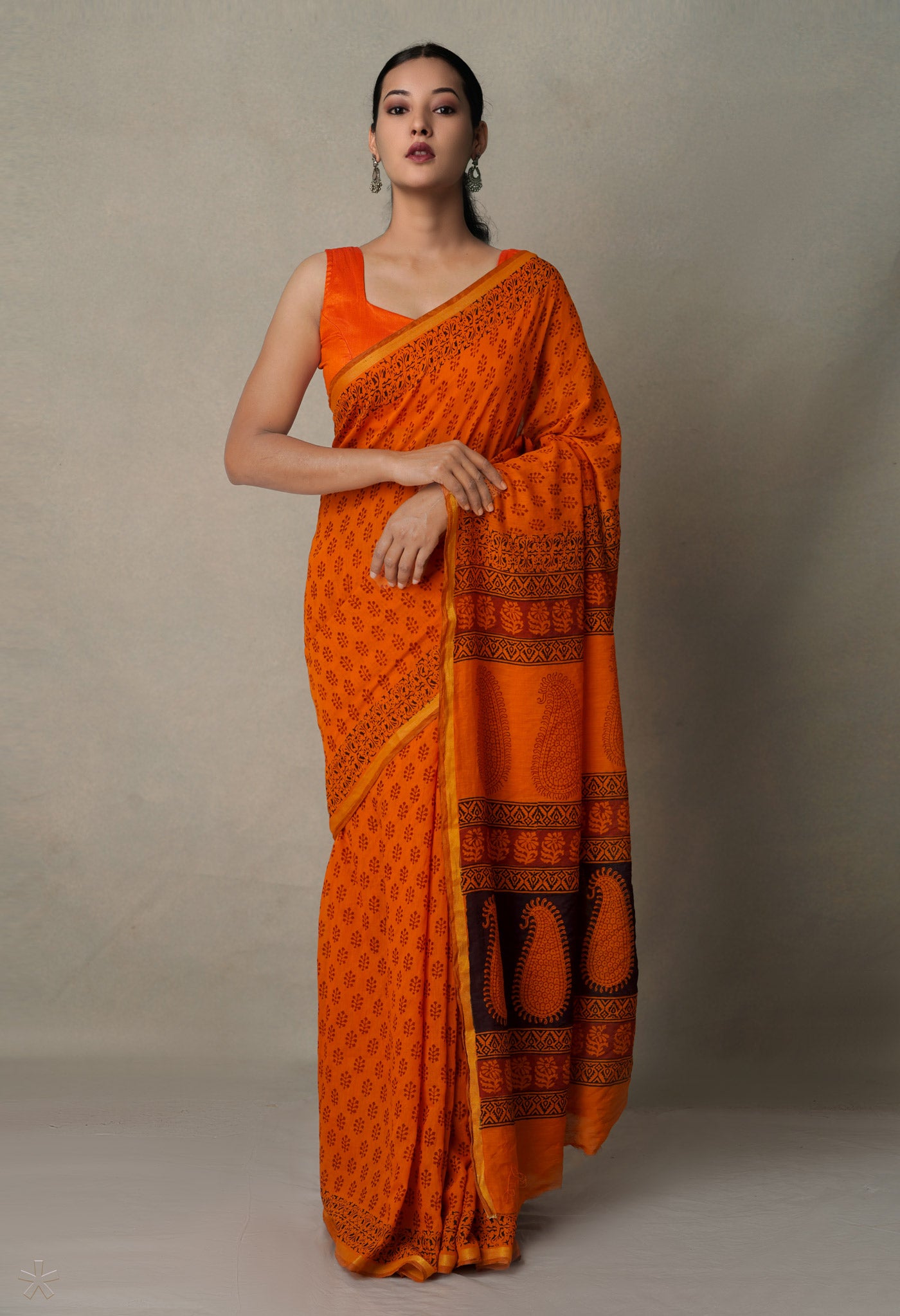 Rust Orange Art Chanderi Bagh Printed Cotton Saree-UNM65341
