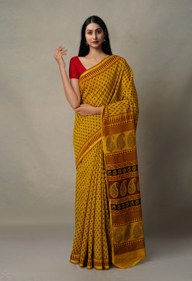 Yellow  Art Chanderi Bagh Printed Cotton Saree-UNM65343