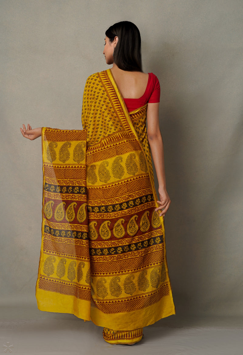 Yellow  Art Chanderi Bagh Printed Cotton Saree-UNM65343