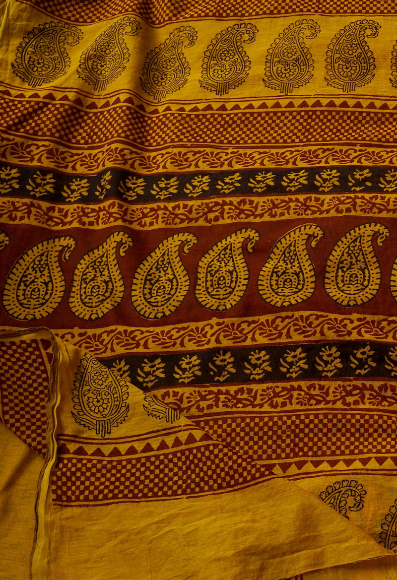 Yellow  Art Chanderi Bagh Printed Cotton Saree-UNM65343