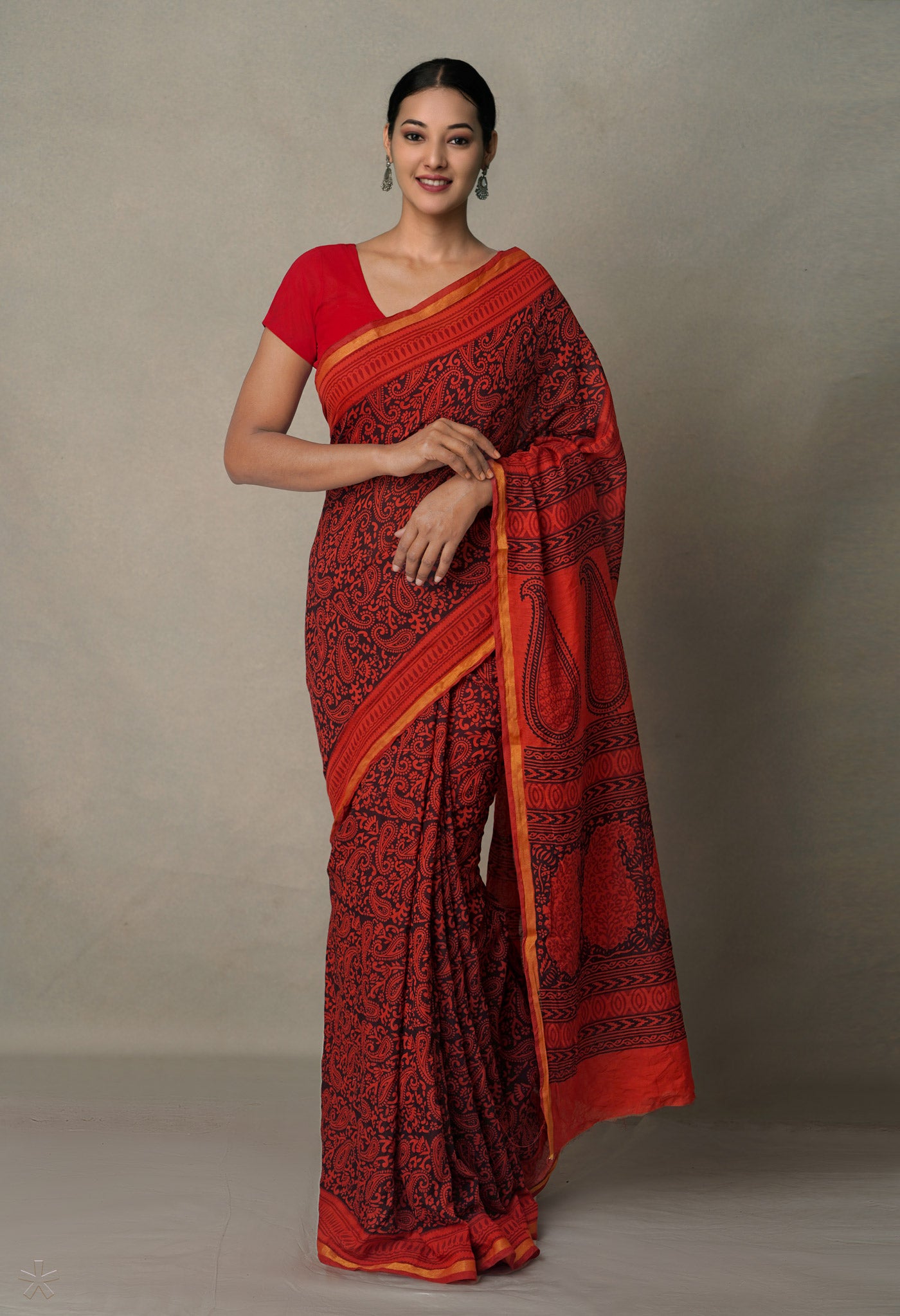 Black-Indian Red  Art Chanderi Bagh Printed Cotton Saree-UNM65344