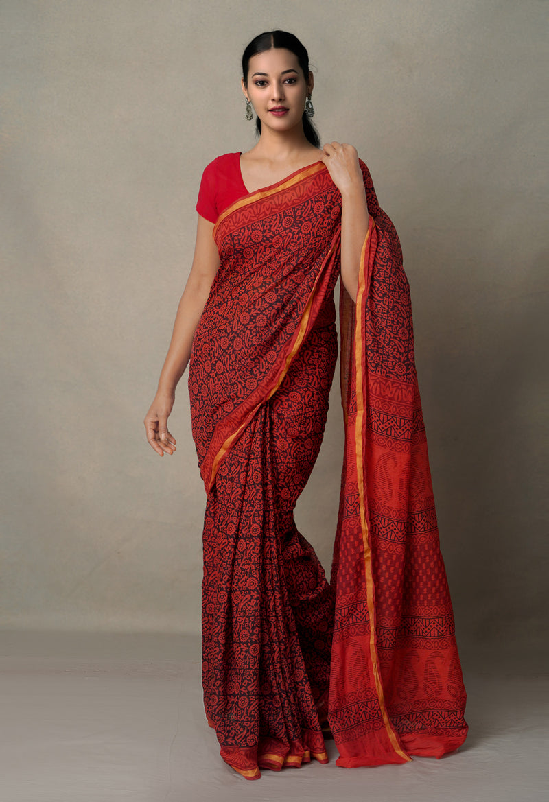 Indian Red-Black  Art Chanderi Bagh Printed Cotton Saree-UNM65345
