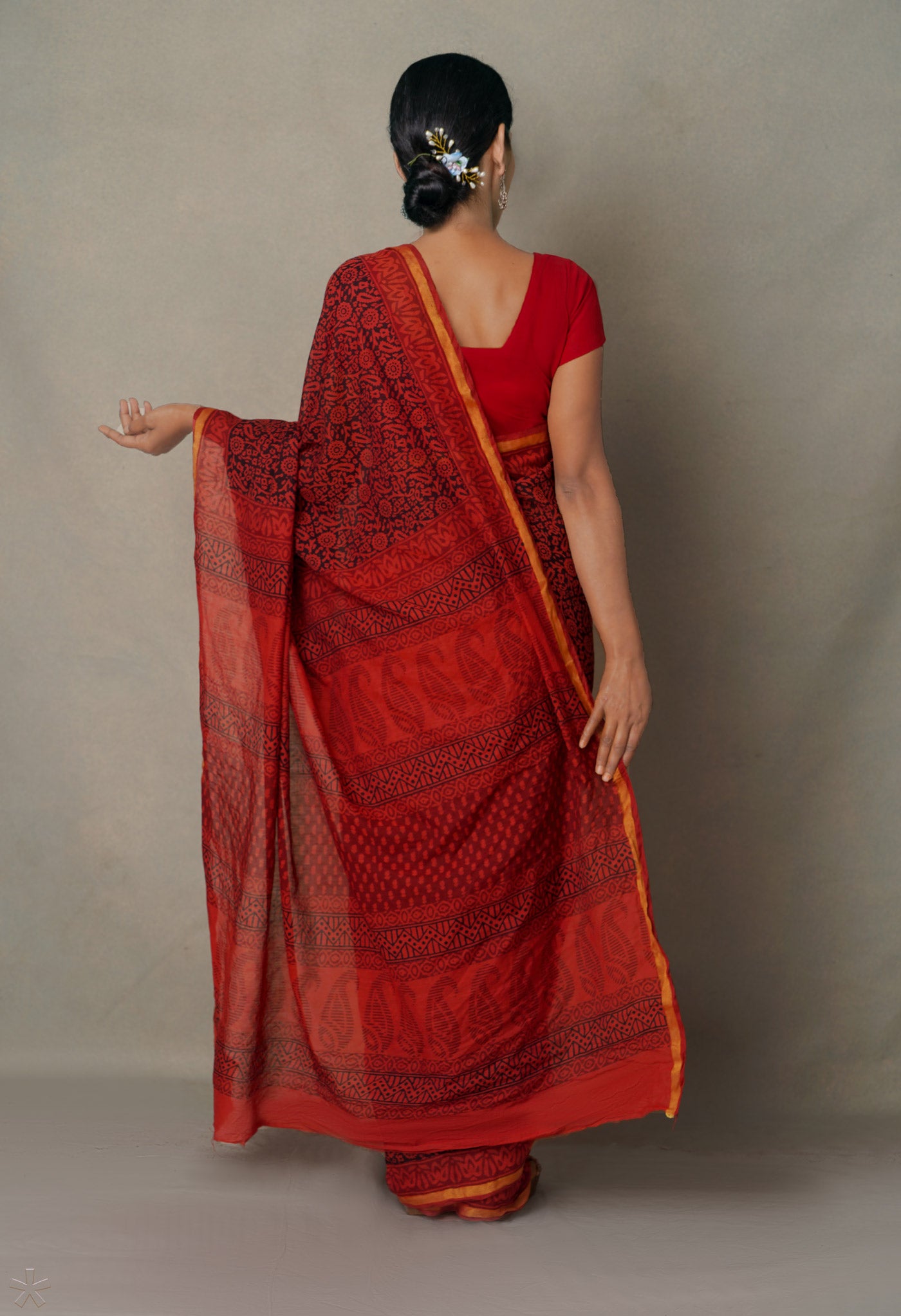 Indian Red-Black  Art Chanderi Bagh Printed Cotton Saree-UNM65345