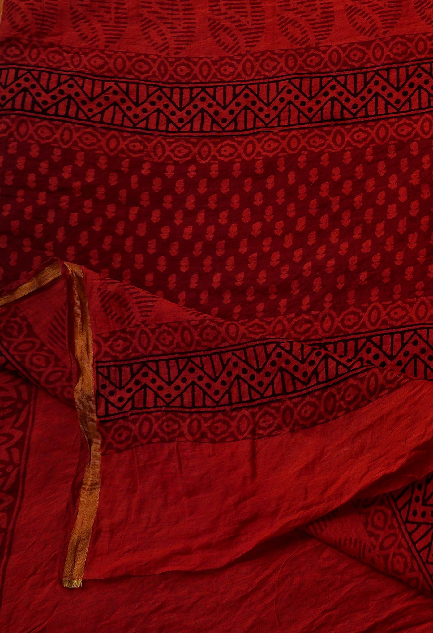 Indian Red-Black  Art Chanderi Bagh Printed Cotton Saree-UNM65345
