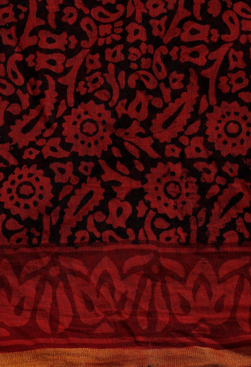 Indian Red-Black  Art Chanderi Bagh Printed Cotton Saree-UNM65345