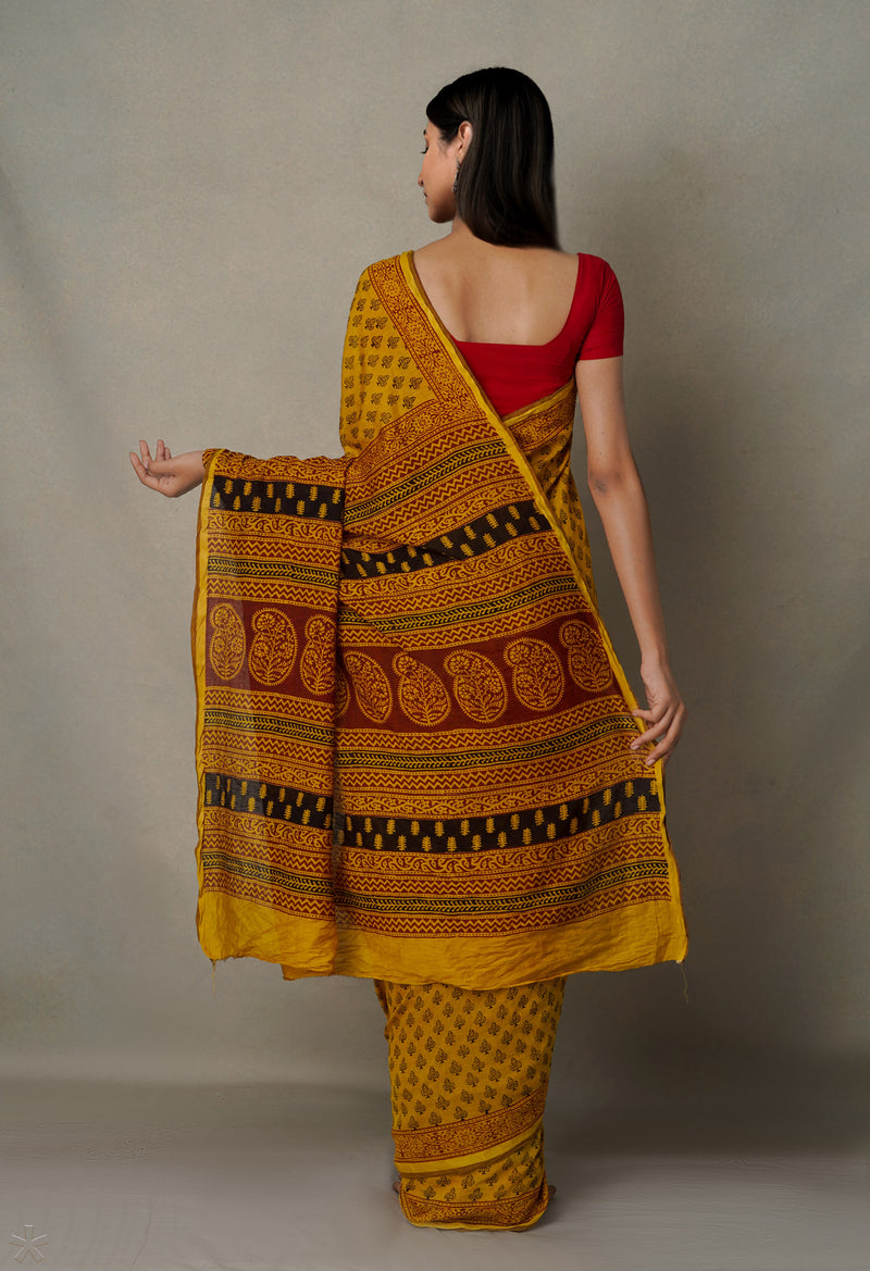 Yellow  Art Chanderi Bagh Printed Cotton Saree-UNM65346