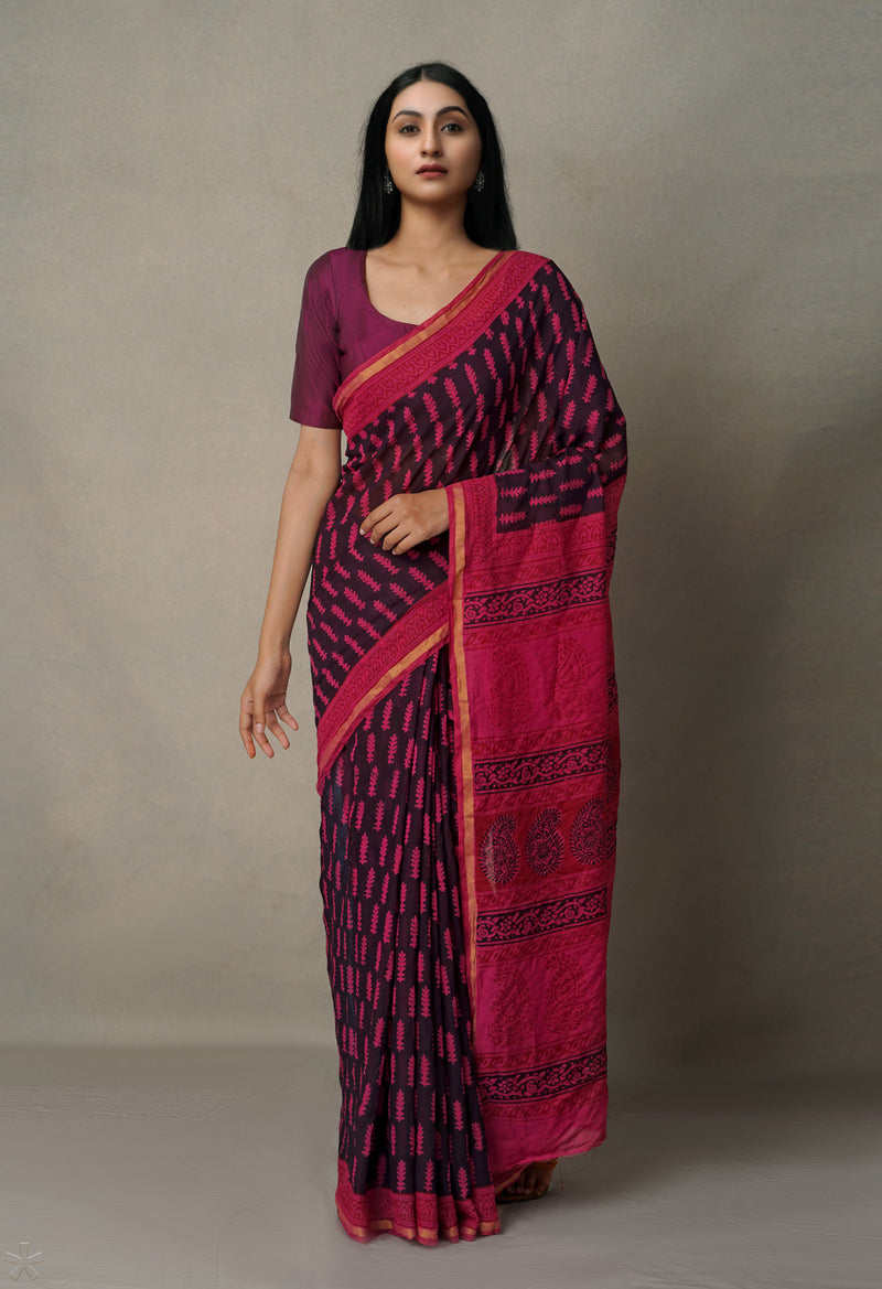 Pink Art Chanderi Bagh Printed Cotton Saree-UNM65348