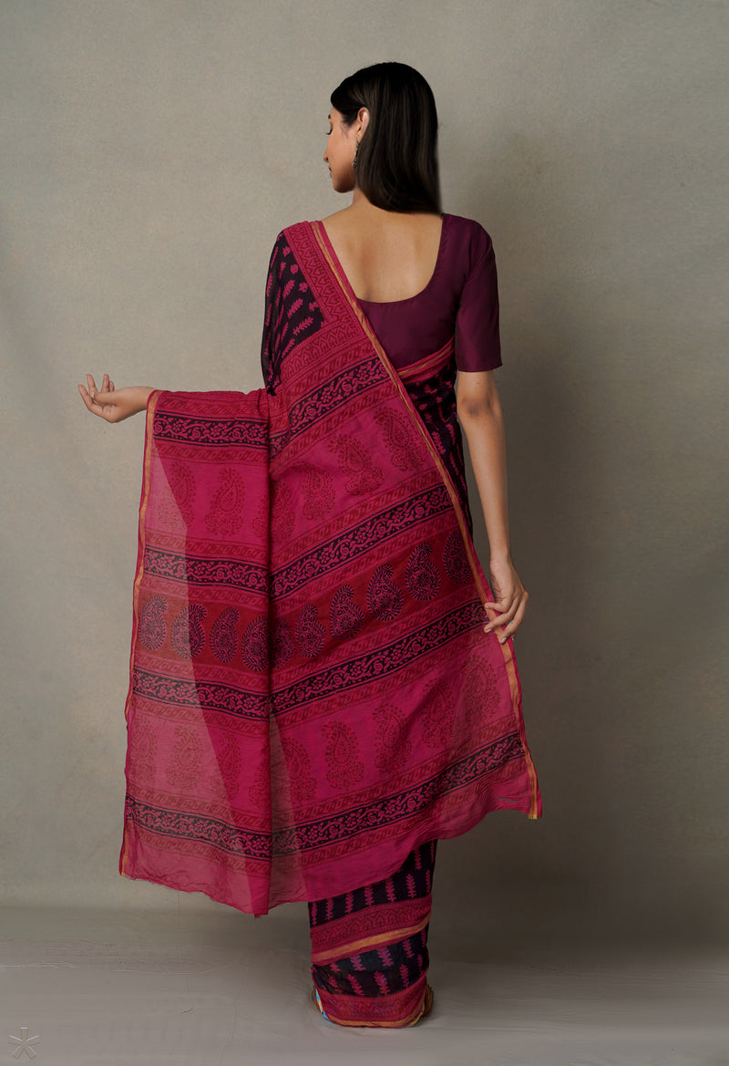 Pink Art Chanderi Bagh Printed Cotton Saree-UNM65348