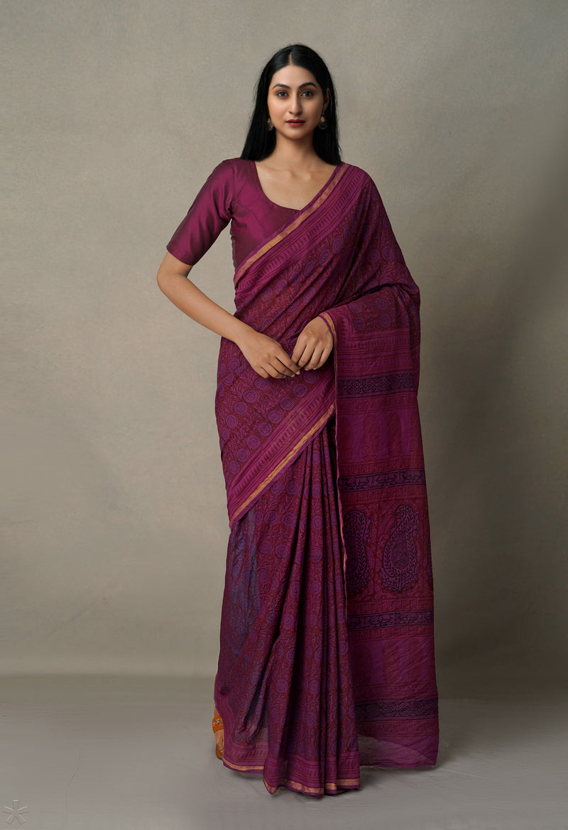 Maroon-Dark Purple  Art Chanderi Bagh Printed Cotton Saree-UNM65349