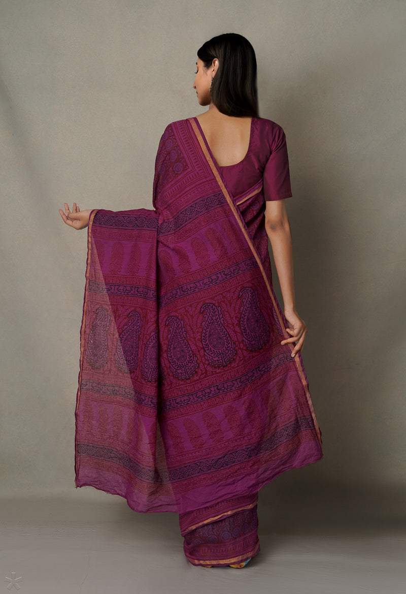 Maroon-Dark Purple  Art Chanderi Bagh Printed Cotton Saree-UNM65349