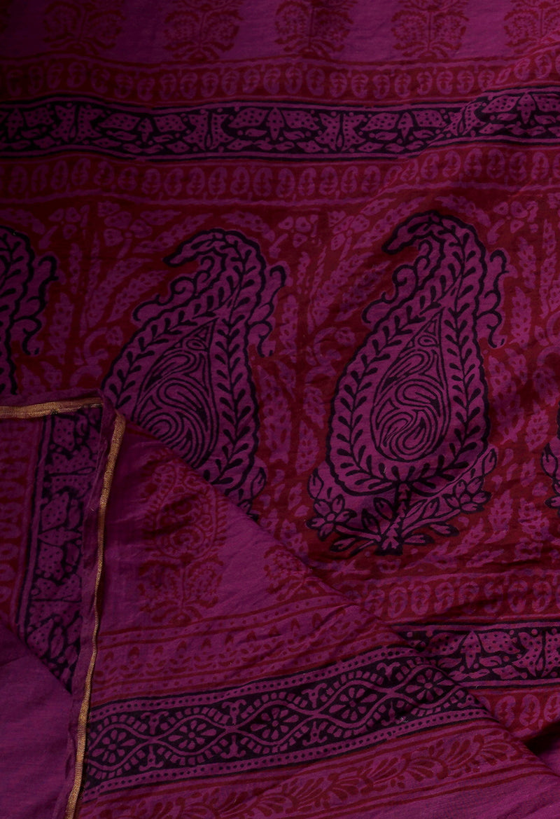 Maroon-Dark Purple  Art Chanderi Bagh Printed Cotton Saree-UNM65349