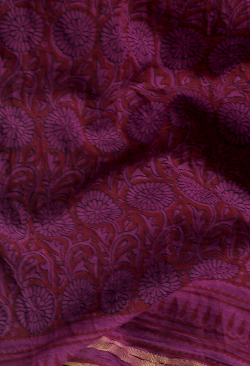 Maroon-Dark Purple  Art Chanderi Bagh Printed Cotton Saree-UNM65349