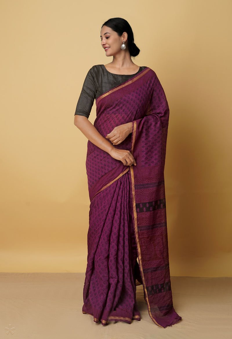 Dark Purple  Art Chanderi Bagh Printed Cotton Saree-UNM65351