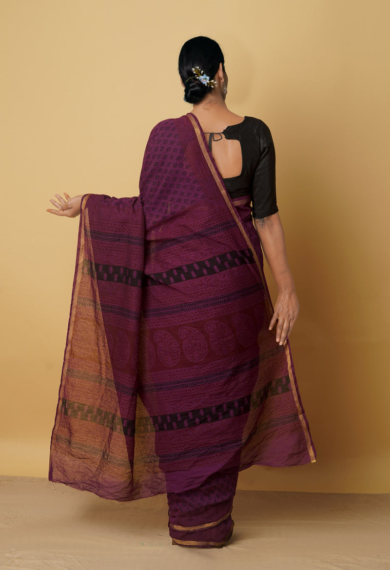Dark Purple  Art Chanderi Bagh Printed Cotton Saree-UNM65351