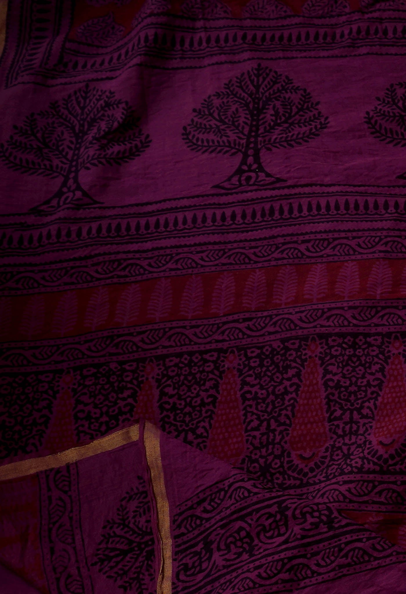 Maroon-Dark Purple  Art Chanderi Bagh Printed Cotton Saree-UNM65356