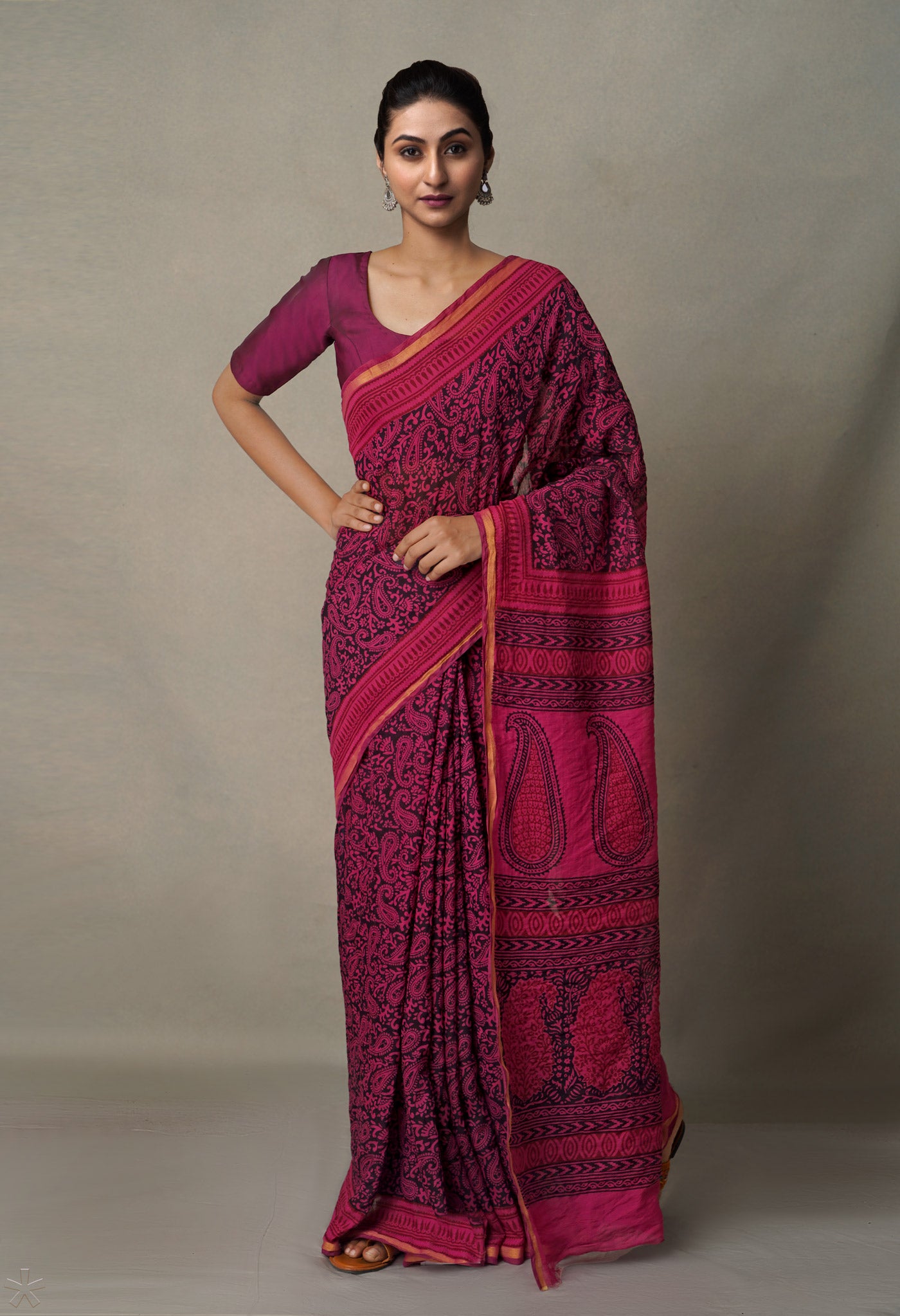 Black-Pink  Art Chanderi Bagh Printed Cotton Saree-UNM65358