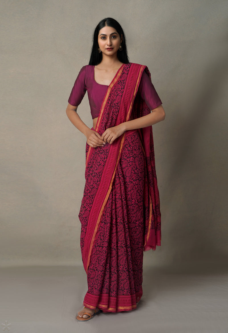 Pink-Black  Art Chanderi Bagh Printed Cotton Saree-UNM65359