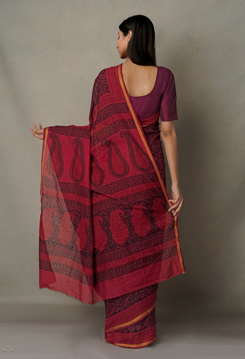 Pink-Black  Art Chanderi Bagh Printed Cotton Saree-UNM65359