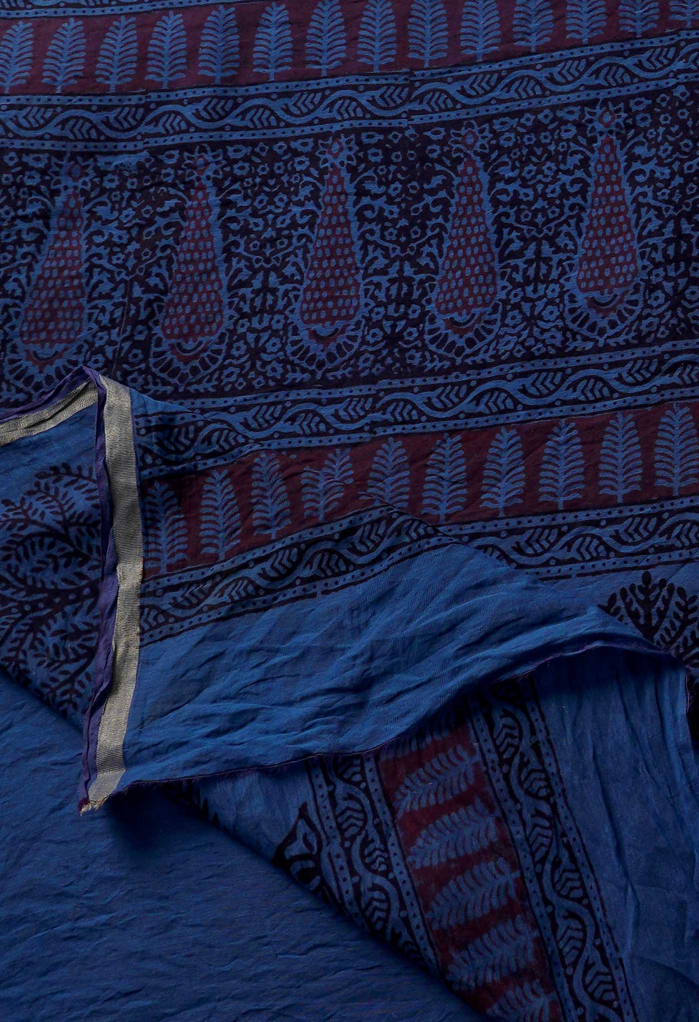 Maroon-Blue  Art Chanderi Bagh Printed Cotton Saree-UNM65360