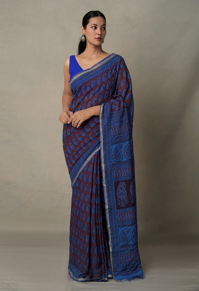 Maroon-Blue  Art Chanderi Bagh Printed Cotton Saree-UNM65362