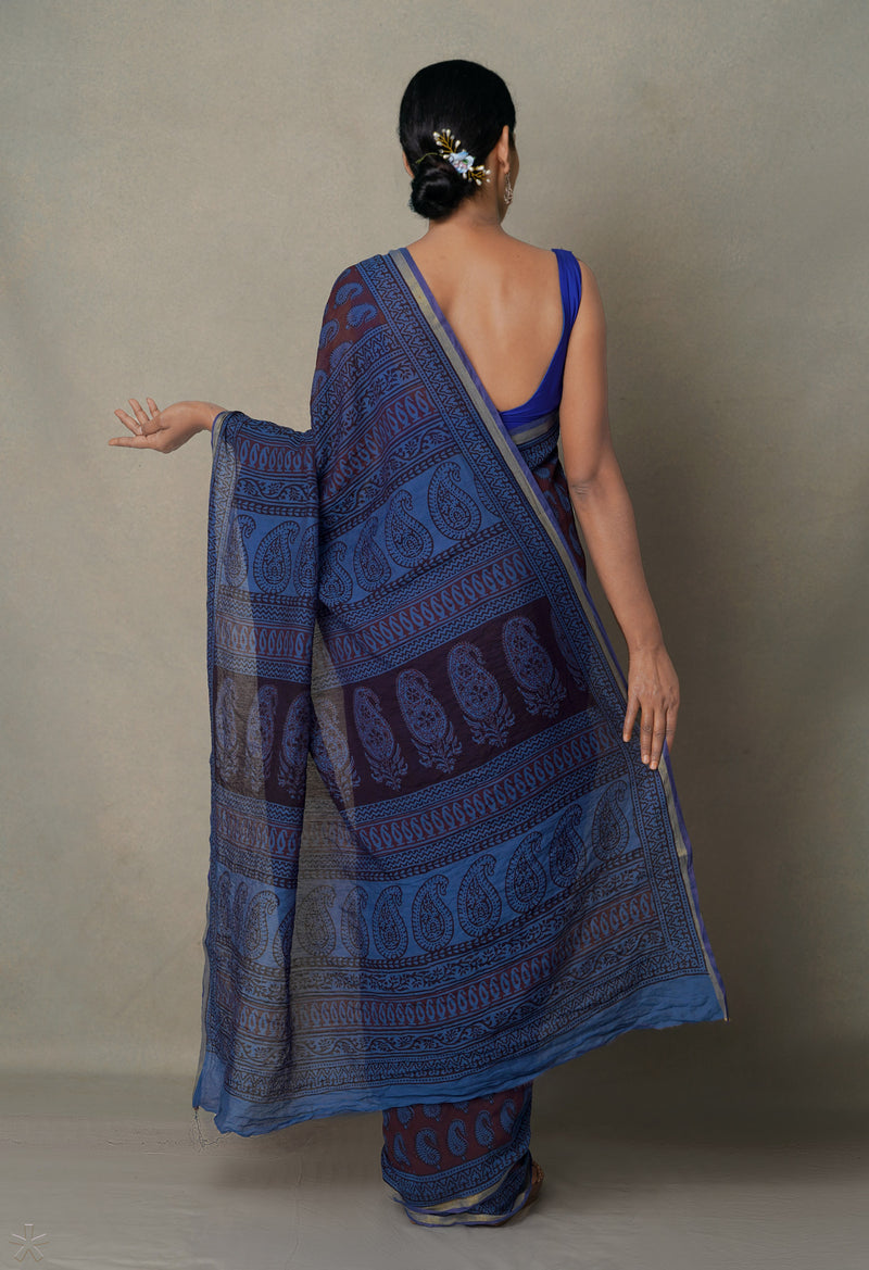 Maroon-Blue  Art Chanderi Bagh Printed Cotton Saree-UNM65362