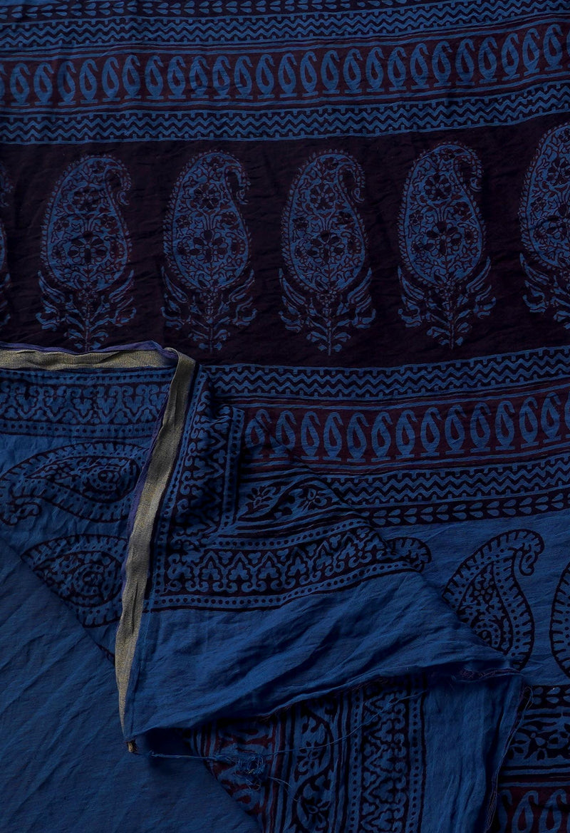 Maroon-Blue  Art Chanderi Bagh Printed Cotton Saree-UNM65362