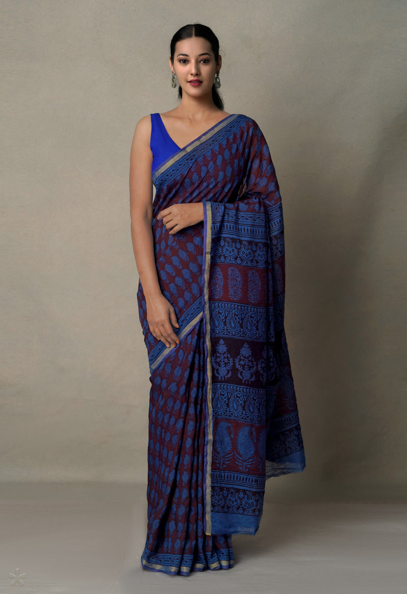 Maroon-Blue  Art Chanderi Bagh Printed Cotton Saree-UNM65363