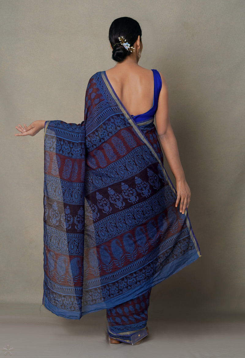 Maroon-Blue  Art Chanderi Bagh Printed Cotton Saree-UNM65363