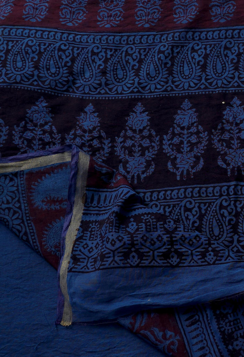 Maroon-Blue  Art Chanderi Bagh Printed Cotton Saree-UNM65363
