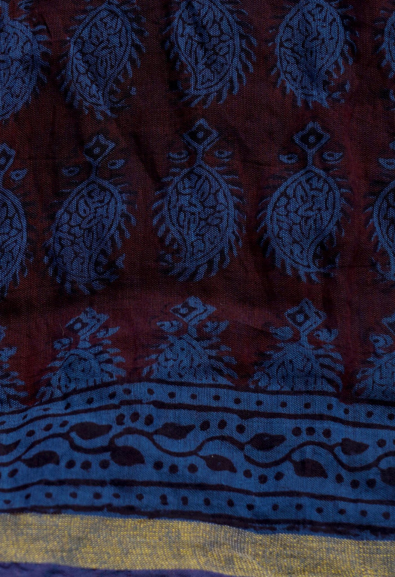 Maroon-Blue  Art Chanderi Bagh Printed Cotton Saree-UNM65363