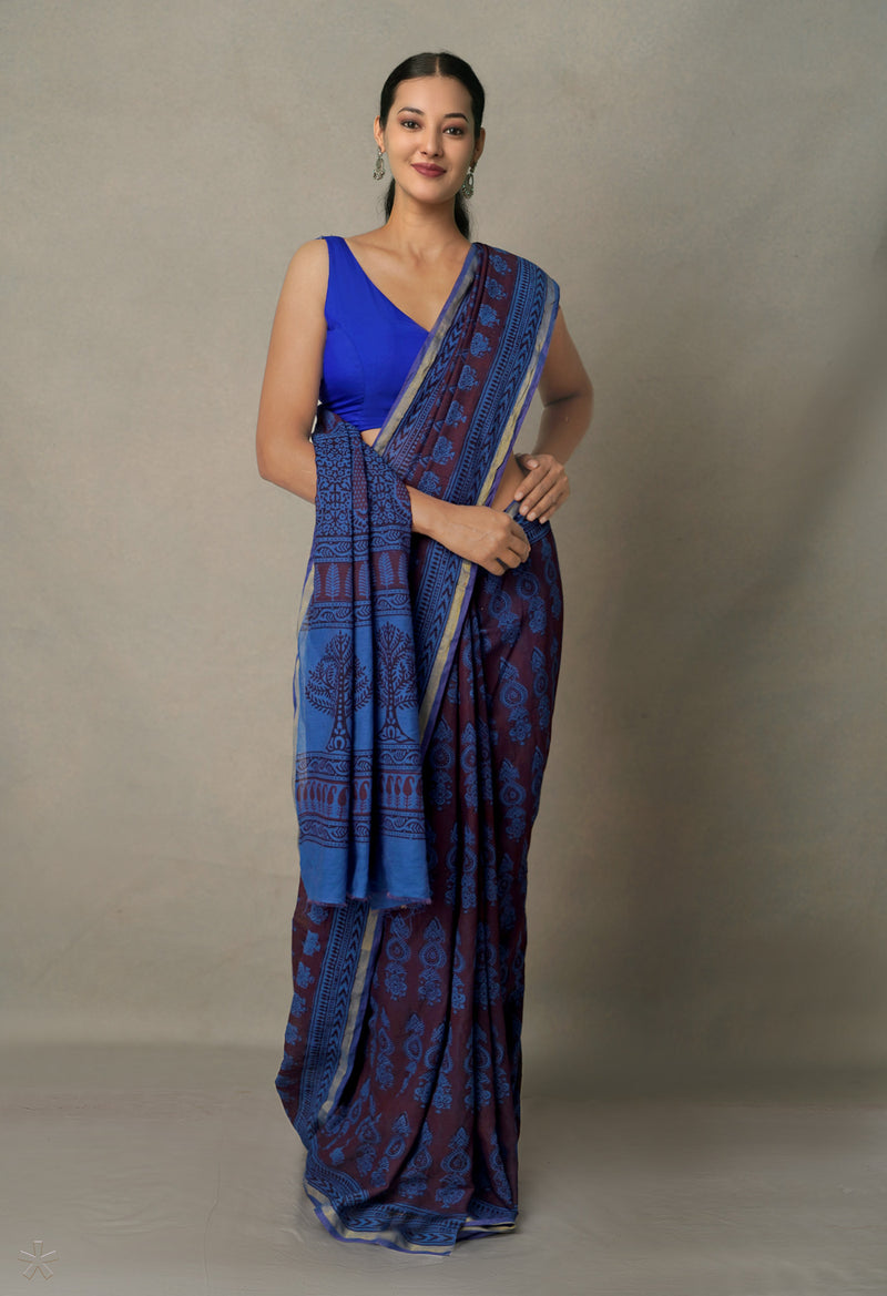 Maroon-Blue  Art Chanderi Bagh Printed Cotton Saree-UNM65364