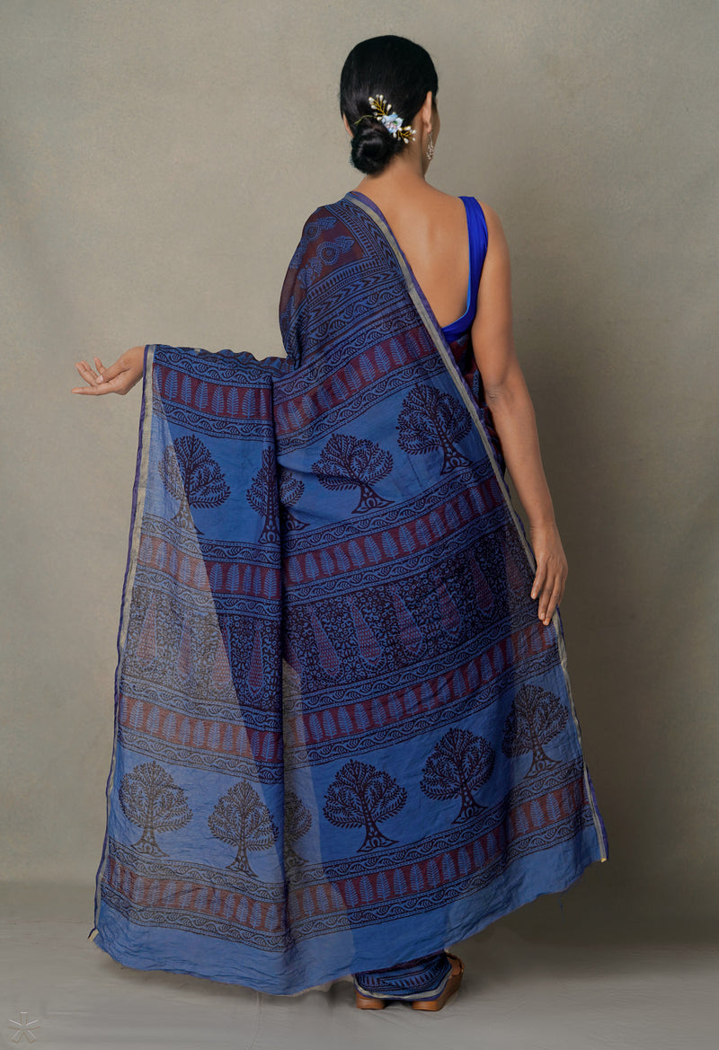 Maroon-Blue  Art Chanderi Bagh Printed Cotton Saree-UNM65364