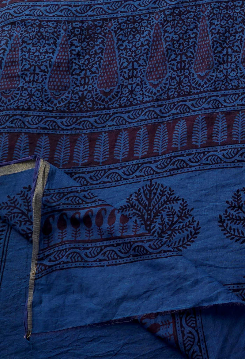 Maroon-Blue  Art Chanderi Bagh Printed Cotton Saree-UNM65364