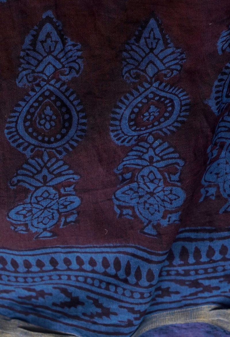 Maroon-Blue  Art Chanderi Bagh Printed Cotton Saree-UNM65364