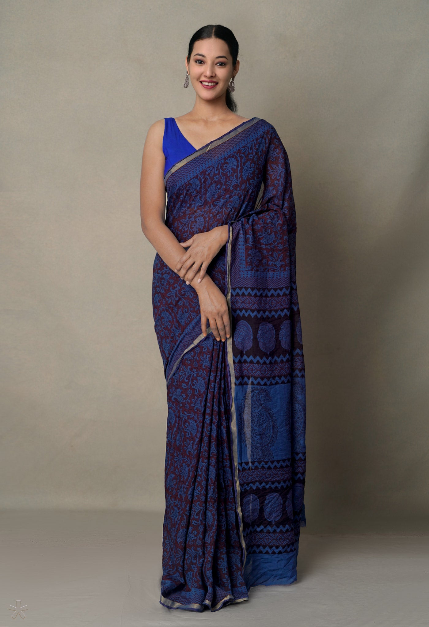 Maroon-Blue Art Chanderi Bagh Printed Cotton Saree