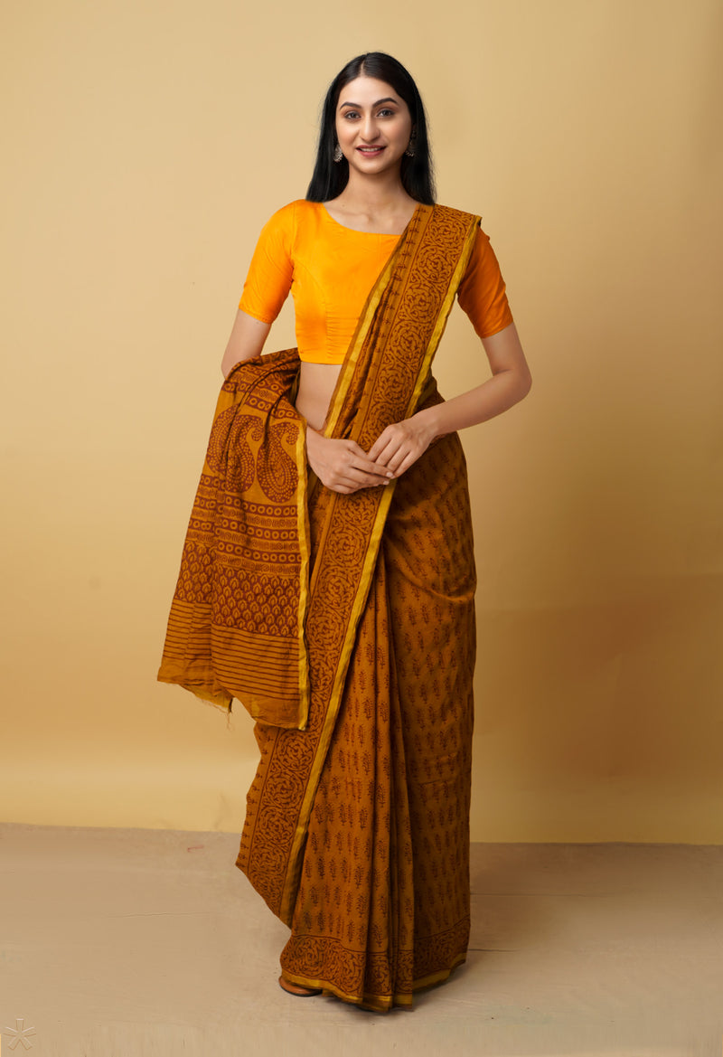 Sepia  Art Chanderi Bagh Printed Cotton Saree-UNM65367