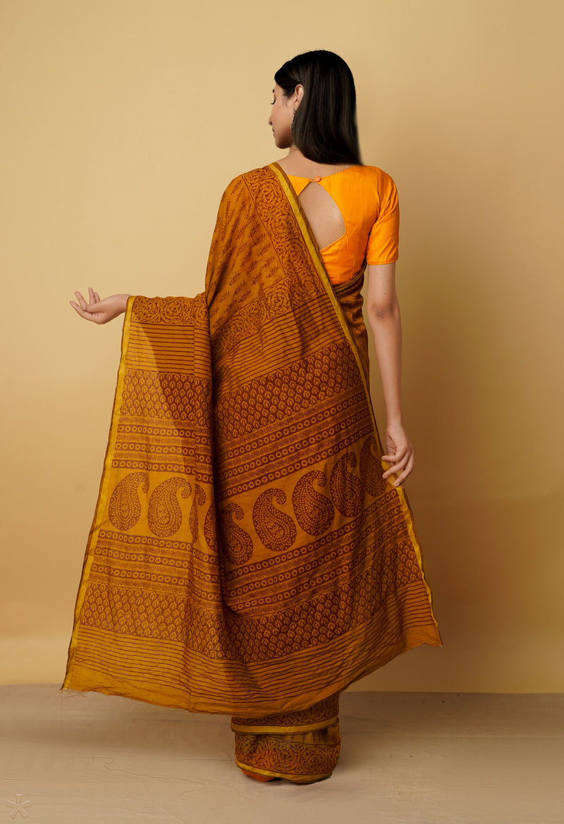 Sepia  Art Chanderi Bagh Printed Cotton Saree-UNM65367