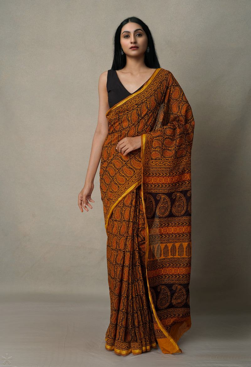 Black-Sepia  Art Chanderi Bagh Printed Cotton Saree-UNM65368