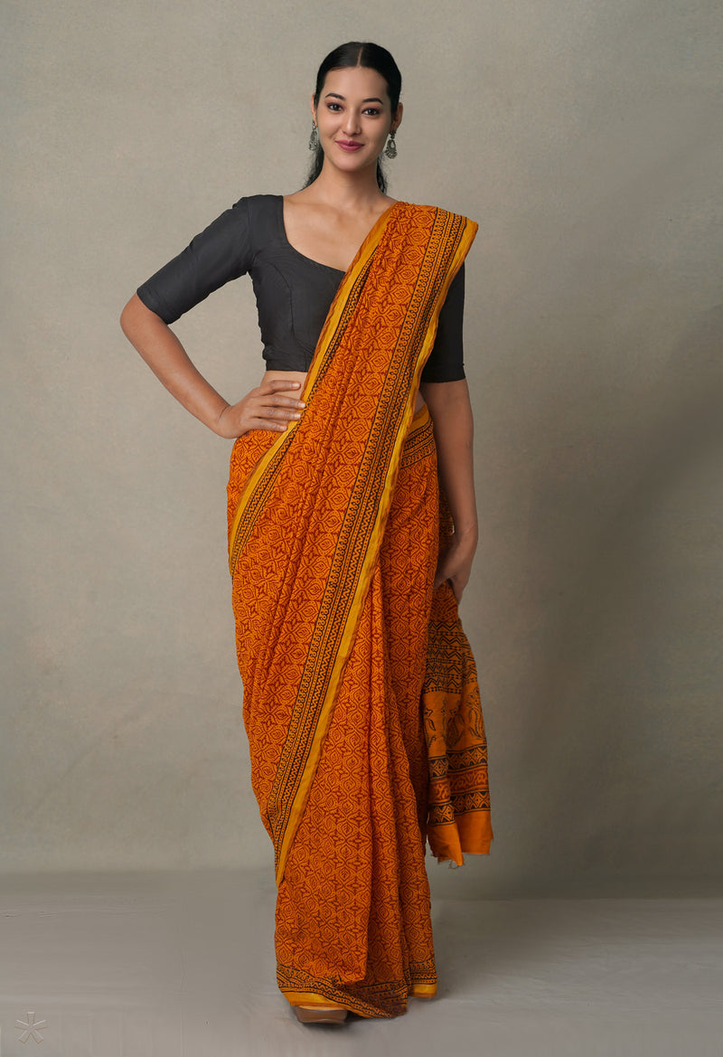 Rust Orange  Art Chanderi Bagh Printed Cotton Saree-UNM65370
