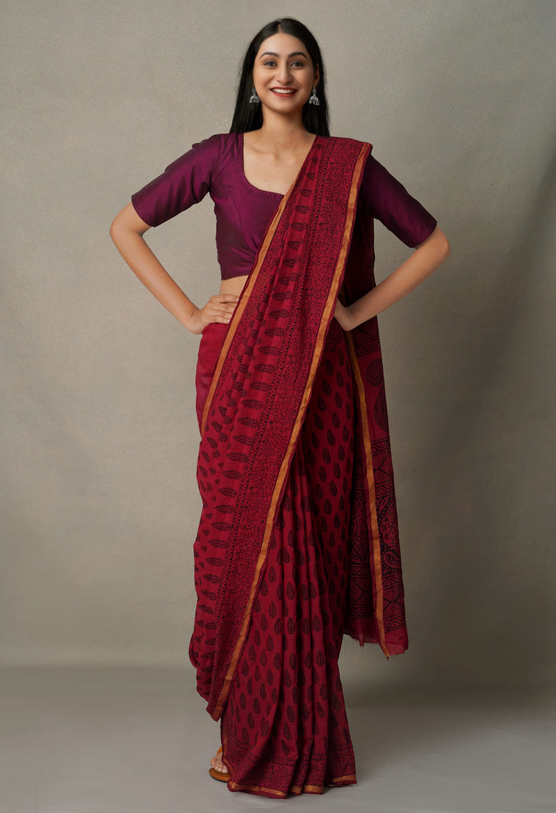 Rosewood  Art Chanderi Bagh Printed Cotton Saree-UNM65374