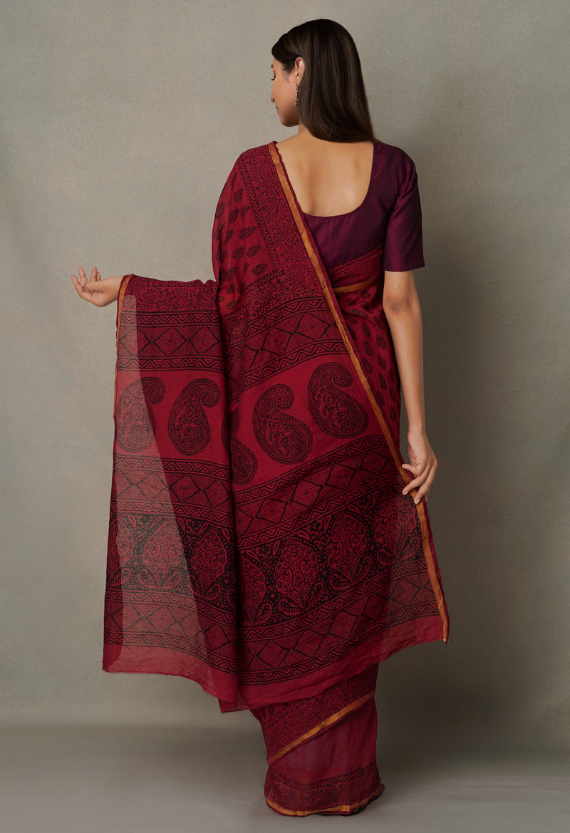 Rosewood  Art Chanderi Bagh Printed Cotton Saree-UNM65374