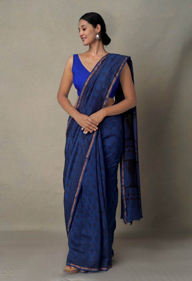 Steel Blue Pure Chanderi Bagh Printed Cotton Saree-UNM65378