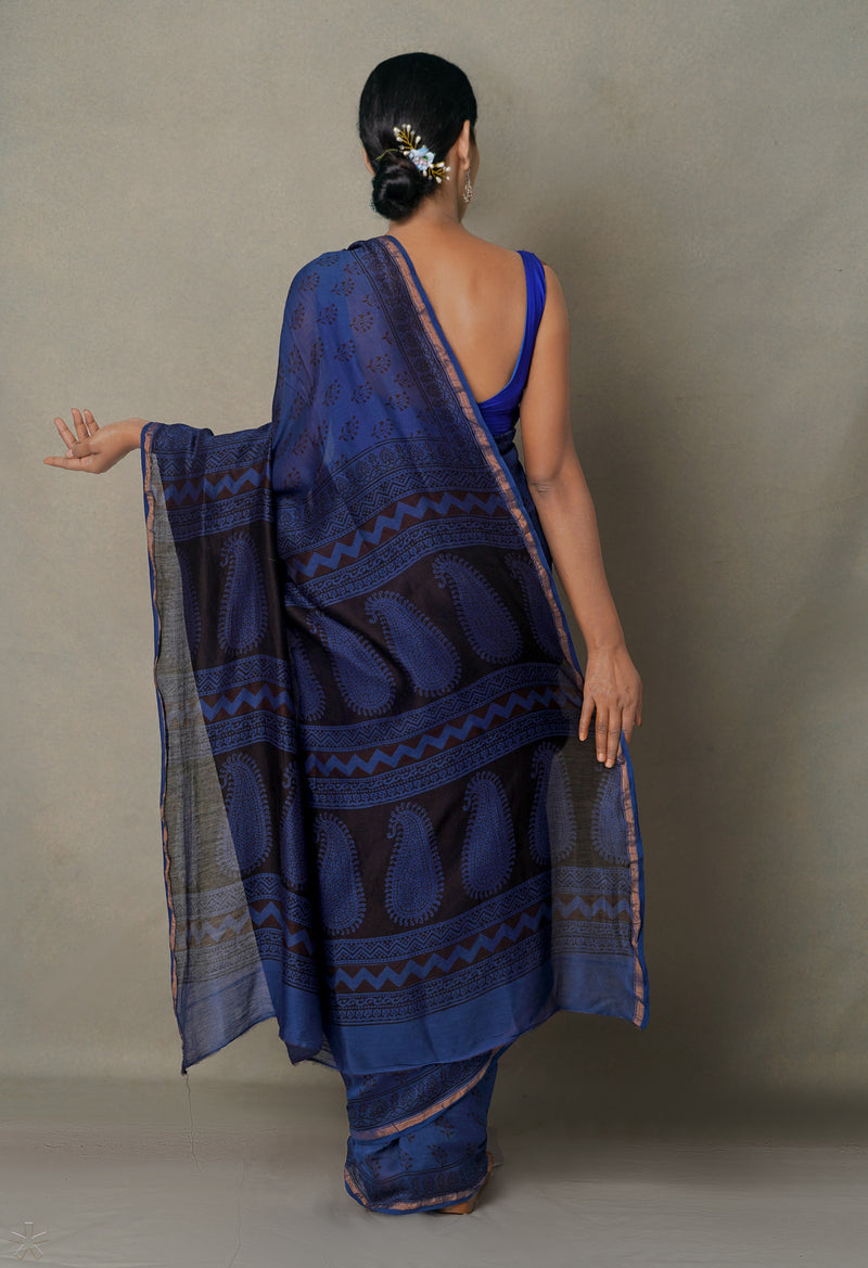 Steel Blue Pure Chanderi Bagh Printed Cotton Saree-UNM65378