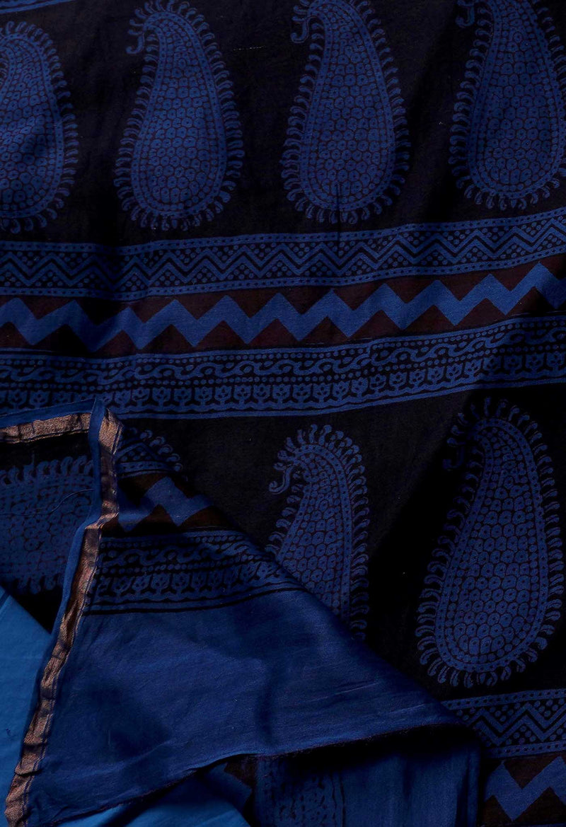 Steel Blue Pure Chanderi Bagh Printed Cotton Saree-UNM65378