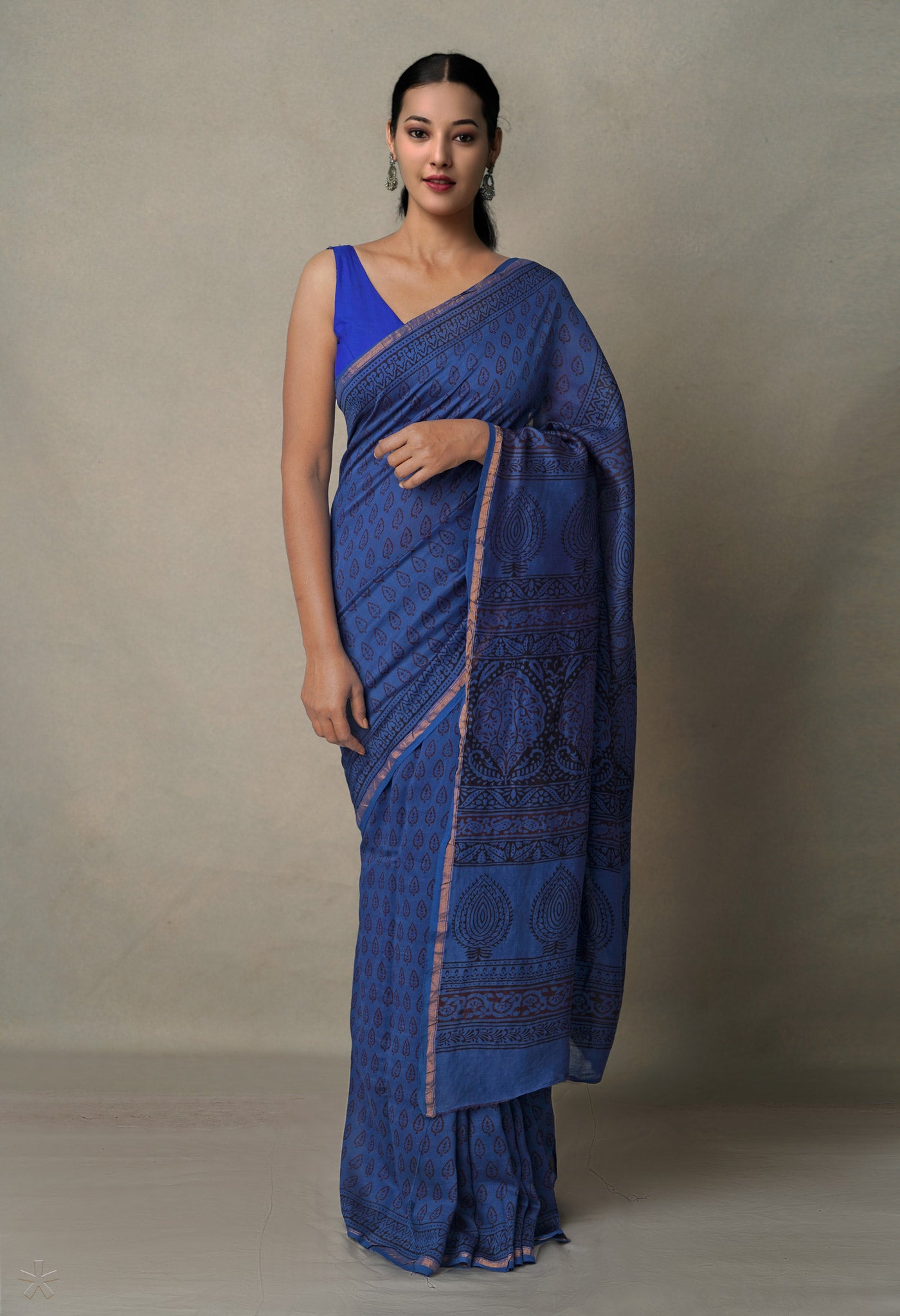 Steel Blue Pure Chanderi Bagh Printed Cotton Saree-UNM65379