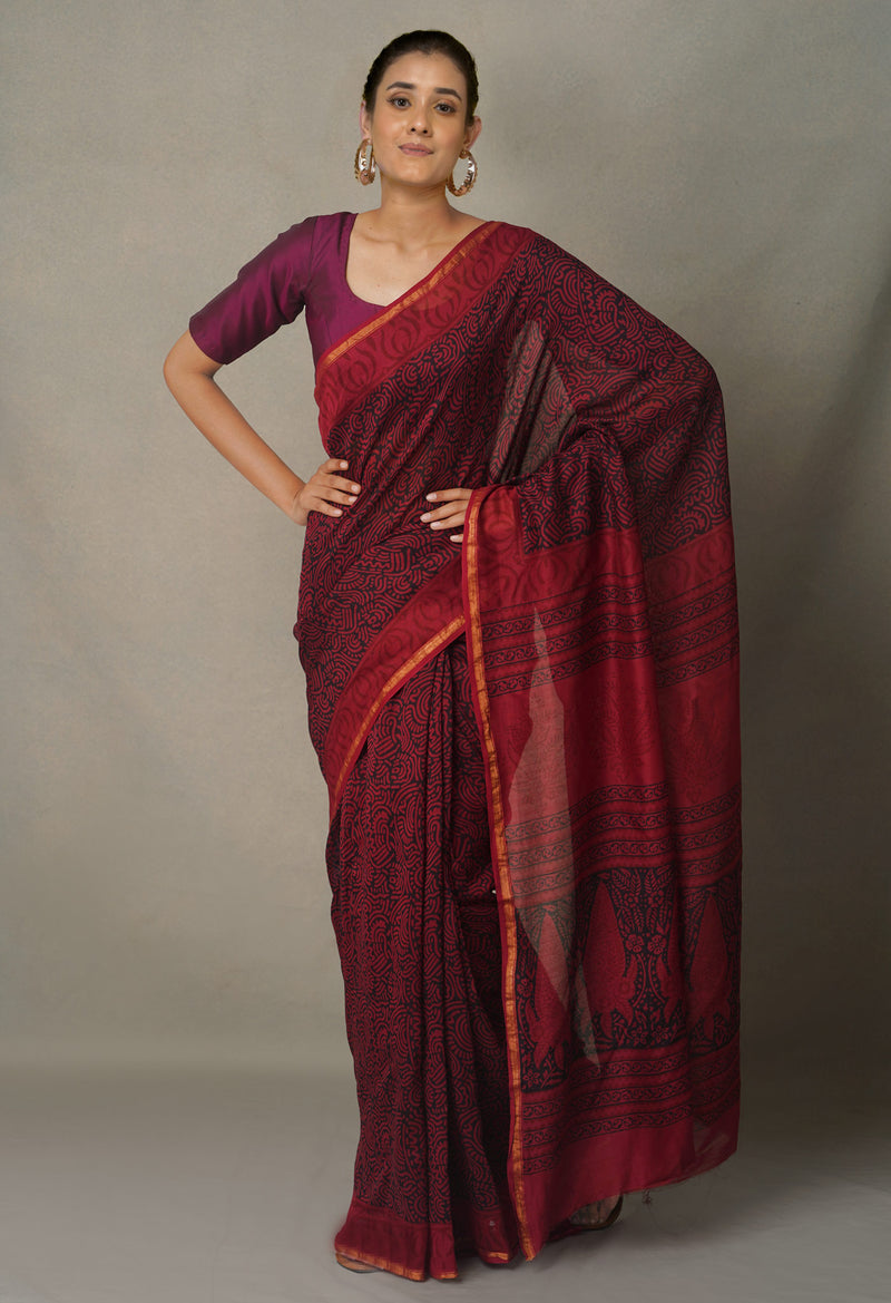 Black-Rosewood Pure Chanderi Bagh Printed Cotton Saree-UNM65380